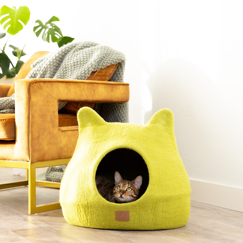 Whimsical Cat Ear Cave Bed: Luxury Felted Wool Peekaboo Cat Cave - American Made Product