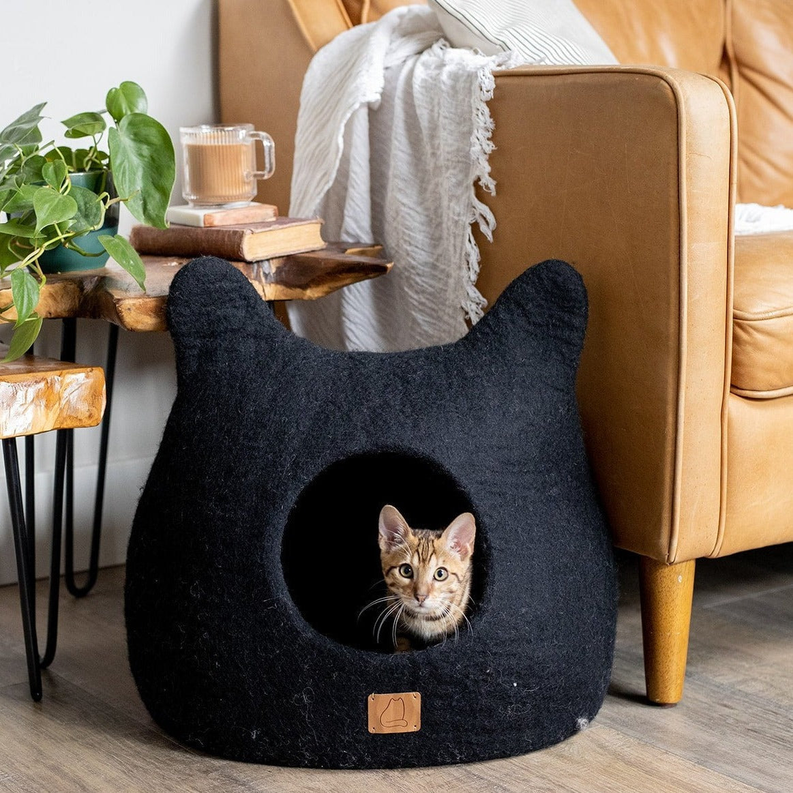 Whimsical Cat Ear Cave Bed: Luxury Felted Wool Peekaboo Cat Cave - American Made Product