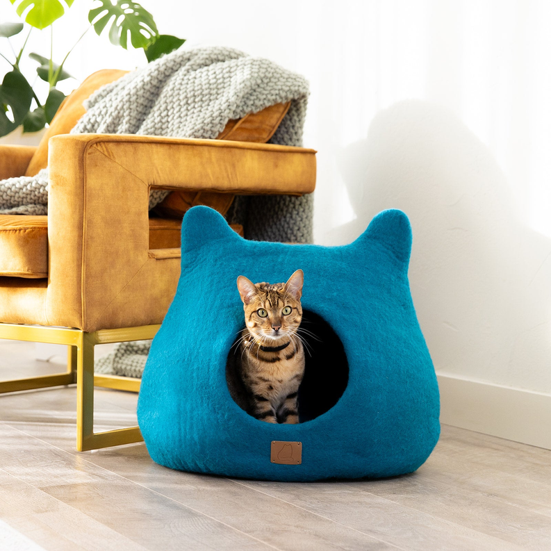 Whimsical Cat Ear Cave Bed: Luxury Felted Wool Peekaboo Cat Cave - American Made Product