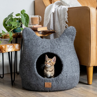 Whimsical Cat Ear Cave Bed: Luxury Felted Wool Peekaboo Cat Cave - American Made Product