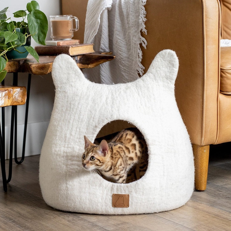 Whimsical Cat Ear Cave Bed: Luxury Felted Wool Peekaboo Cat Cave - American Made Product